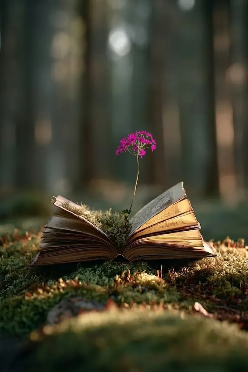 Une fleur qui éclot d'un livre ouvert posé sur la mousse, en forêt