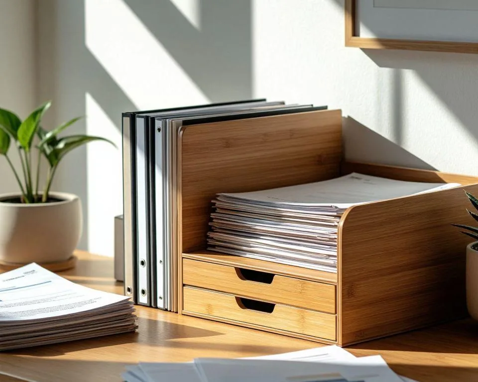Des papiers triés et classés dans une bannette en bambou, sur un bureau en bois baigné de lumière